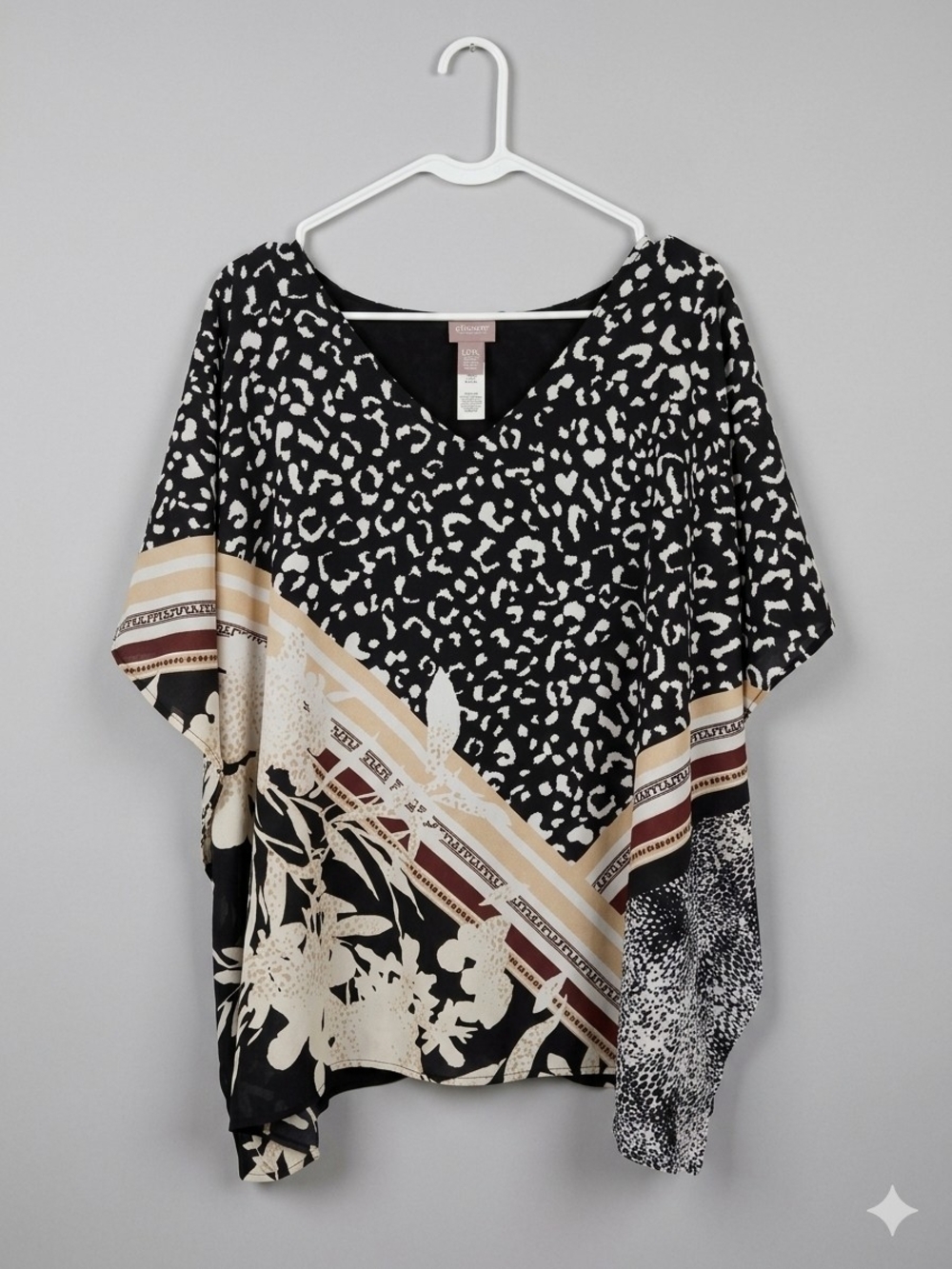 Chico's Black, Cream & Tan Mixed Print V-Neck Blouse